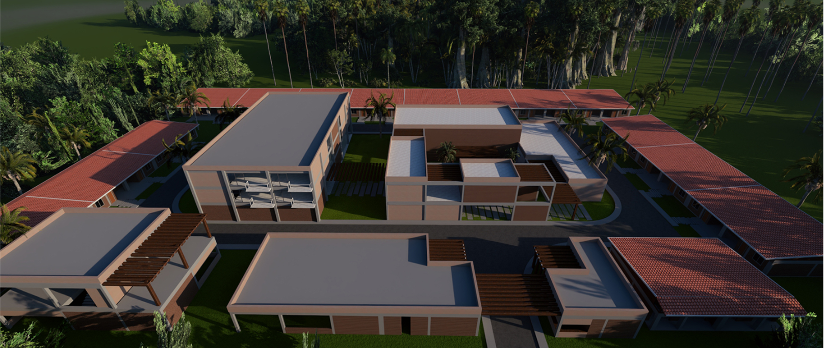 Captures the harmony between modern structures and the surrounding cocoa landscape.