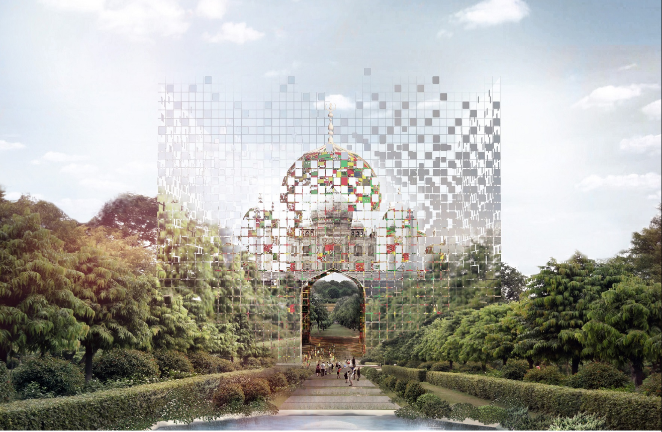 A glass pixelated pavilion mirroring the Taj Mahal, symbolizing the fusion of past and present in architectural heritage conservation.