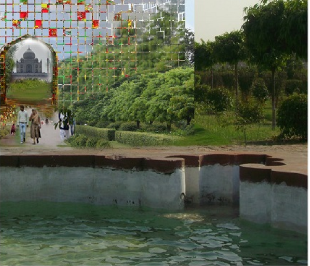 The “Time Capsule” mirrors the Taj Mahal’s image across the Yamuna River, capturing its historical axis and reflection.