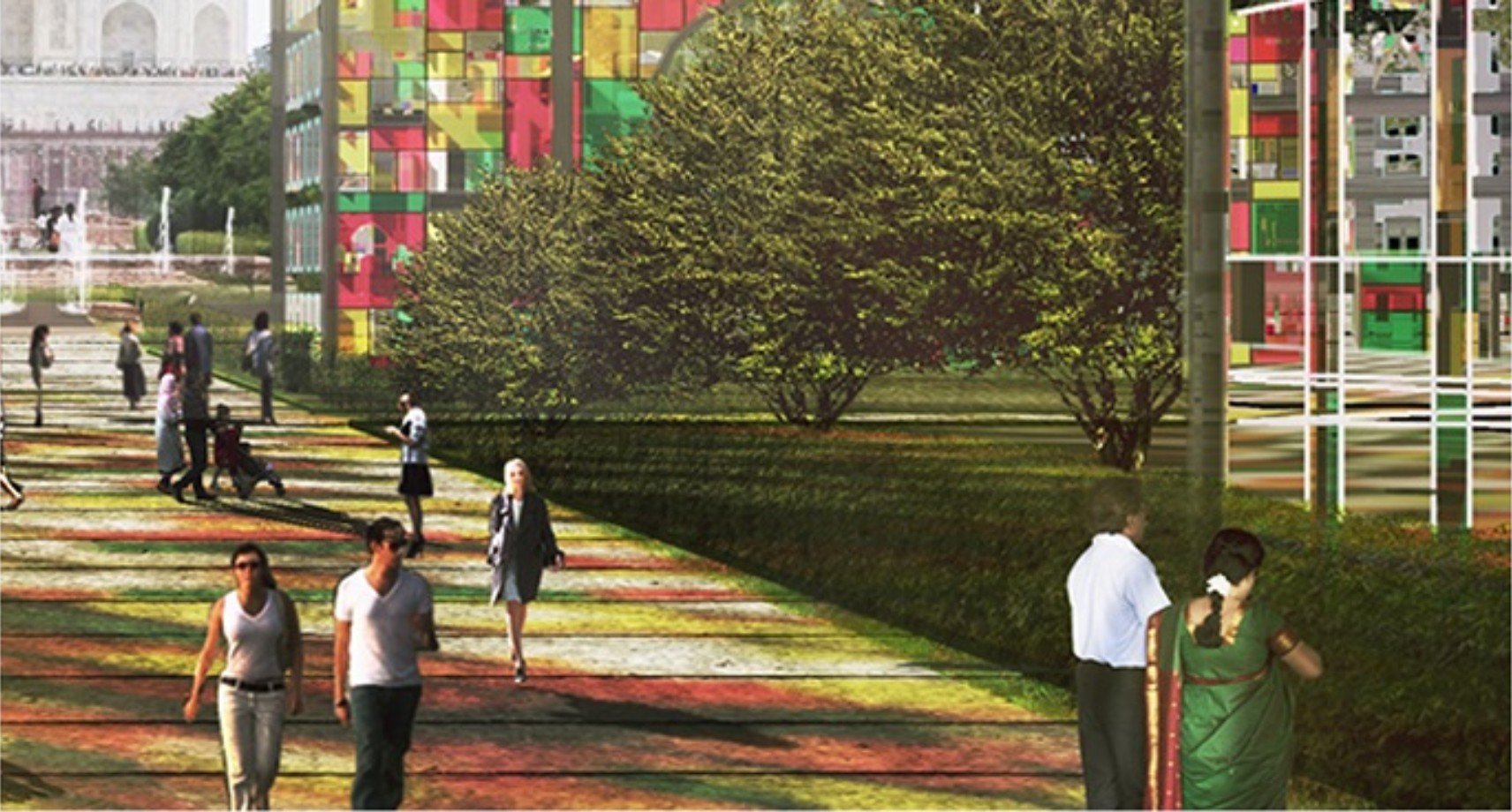 The vibrant façade and colored light within the pavilion immerse visitors in a dialogue between restoration and time.