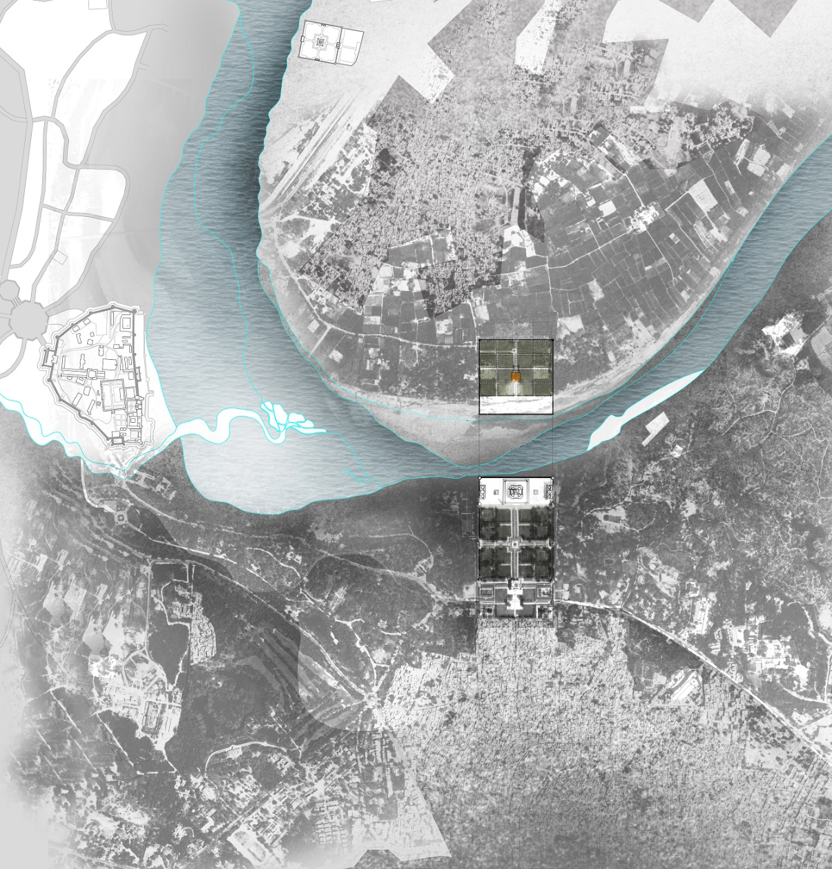 Masterplan showing the spatial relationship between the Taj Mahal, the Yamuna River, and the “Time Capsule” installation site.