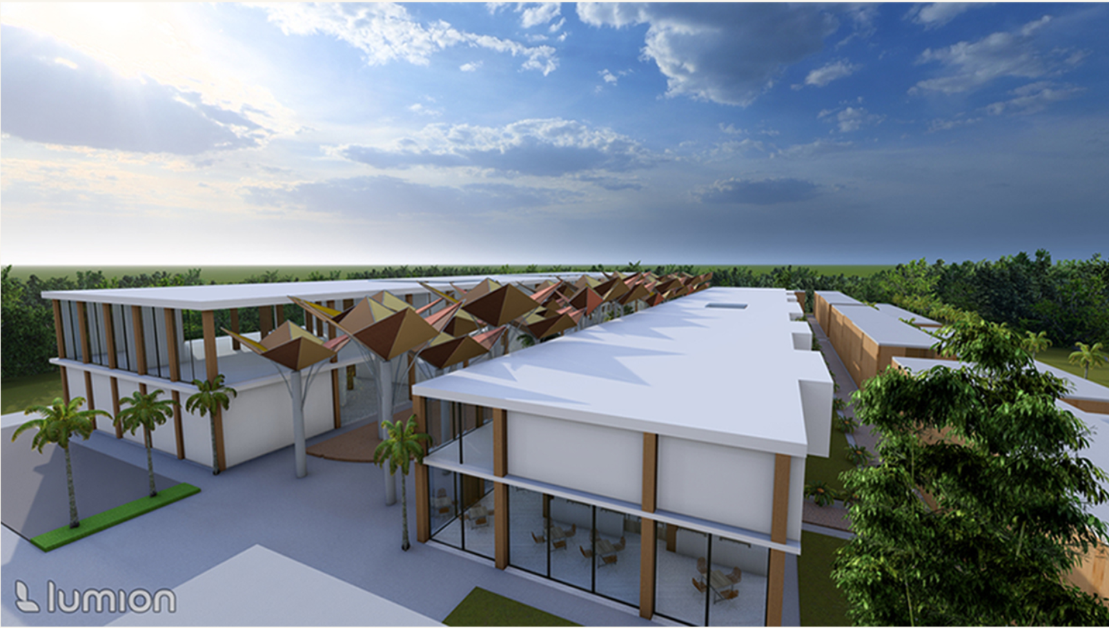 An architectural celebration of cacao — vibrant canopies rise above the cultural plaza, symbolizing the spirit of Mexican festivals.