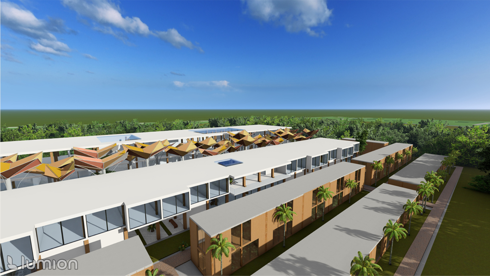 A rhythmic arrangement of villas and courtyards unfolds across the plantation, blending hospitality with the natural cacao landscape.