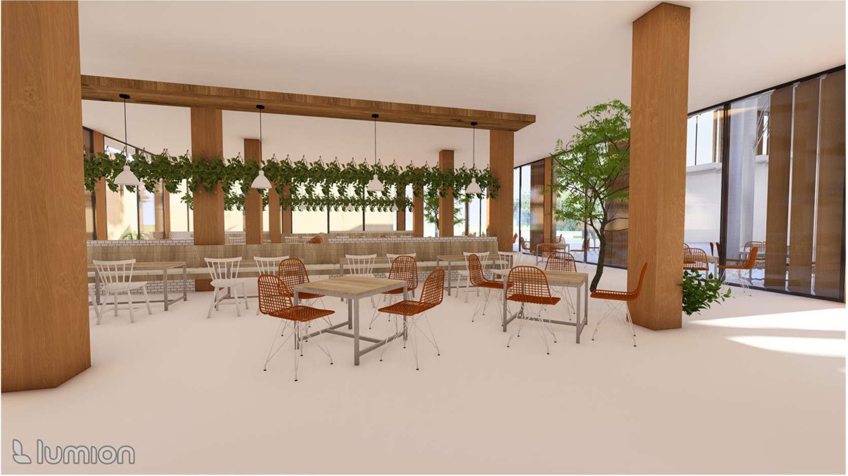 Warm wooden textures and greenery create a relaxed social environment inspired by the aroma and artistry of chocolate.
