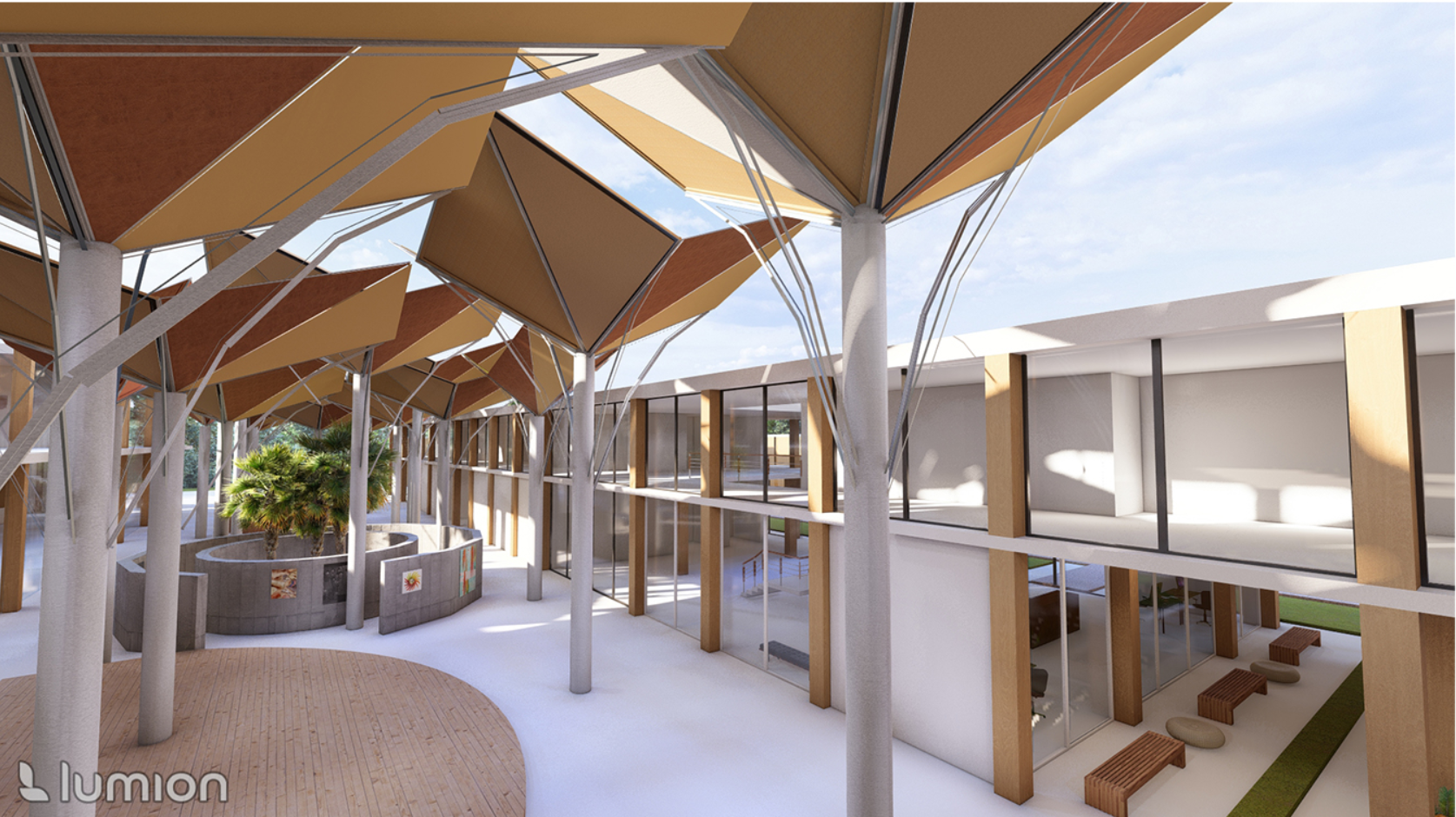 Expansive glass openings frame lush interior courtyards, connecting guests with light, vegetation, and tropical serenity.
