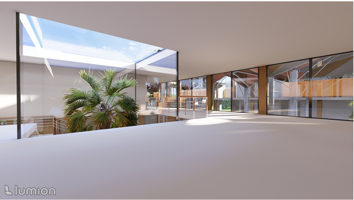 The colorful tensile canopy forms the project’s architectural heart — shading, collecting rainwater, and animating public life.