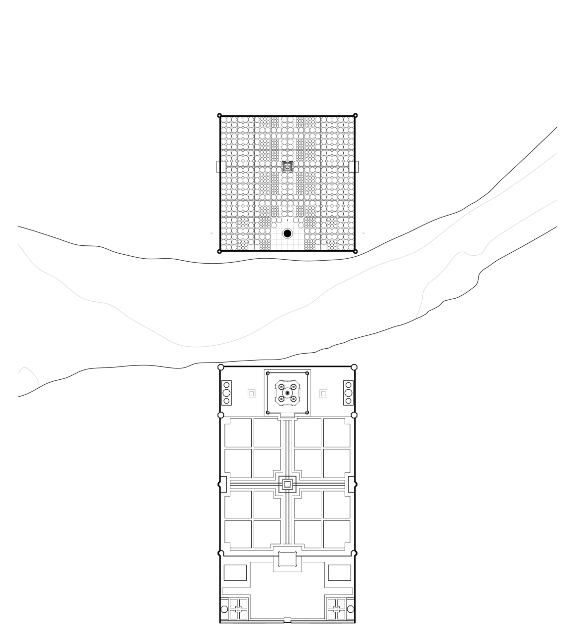 An aerial site layout showing Mehtab Bagh’s restored Mughal geometry and the alignment with the Taj Mahal across the river.