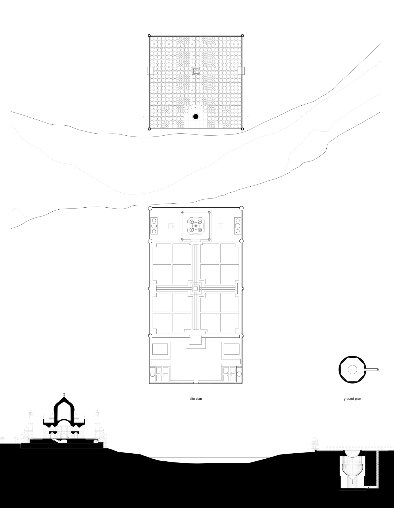 A detailed sectional drawing revealing the Black Taj’s subterranean void and its spatial relationship to the riverbank and Mughal garden.