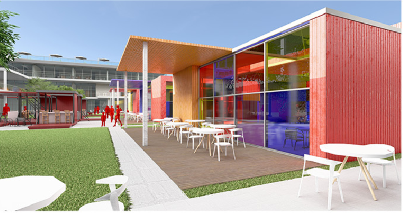 Interlocking restaurant volumes and upper terraces foster a lively rhythm of culinary activity.