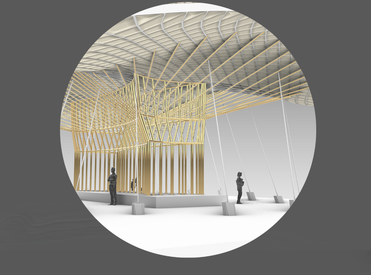 Interior view highlighting the bamboo column system and tensile roof supports defining the pavilion’s lightweight yet stable structure.