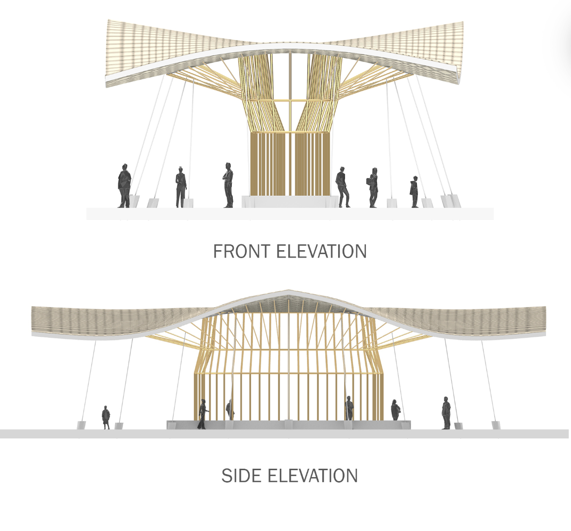 Front and side elevations showing the rhythmic bamboo structure and the wave-like roof profile that defines the pavilion’s identity.