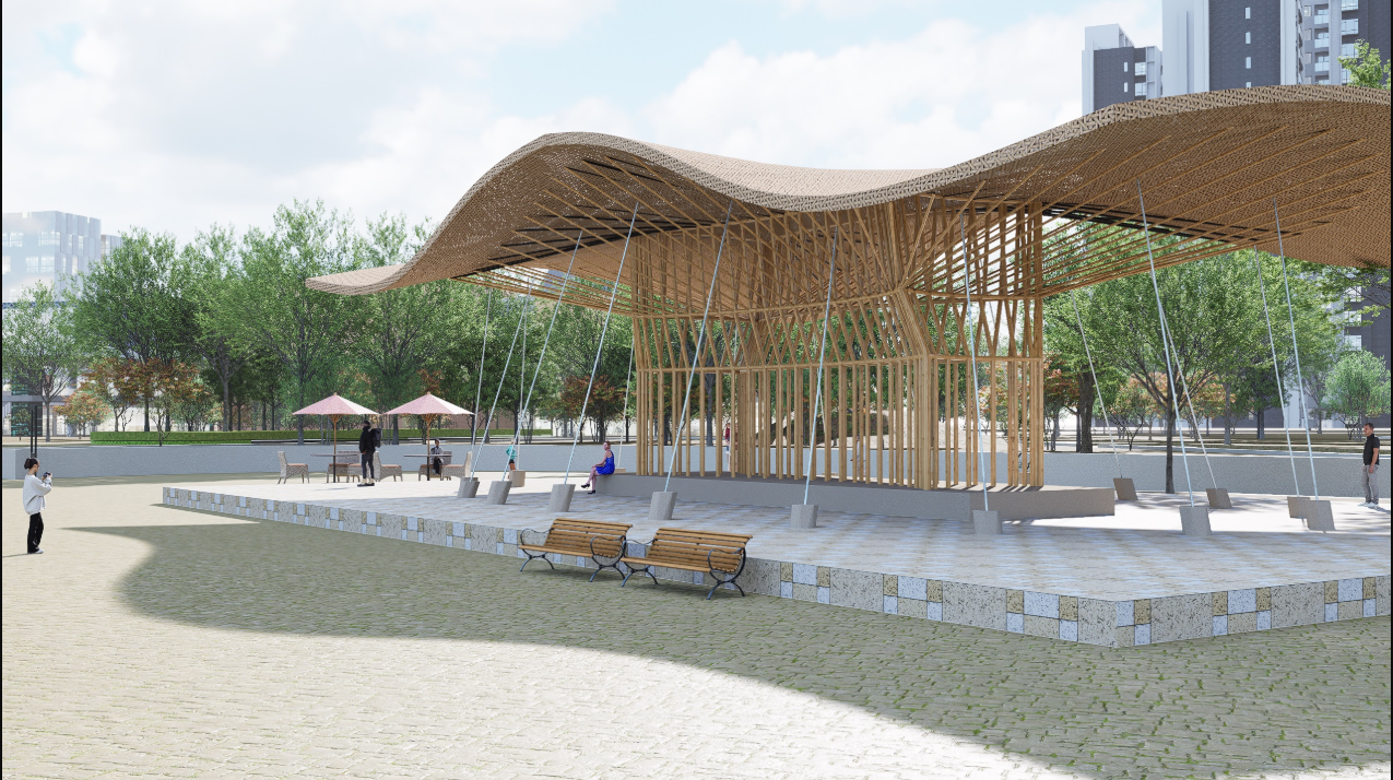 Rendered view of the Bamboo Tree Pavilion integrated within an urban waterfront landscape, creating a natural public gathering space.