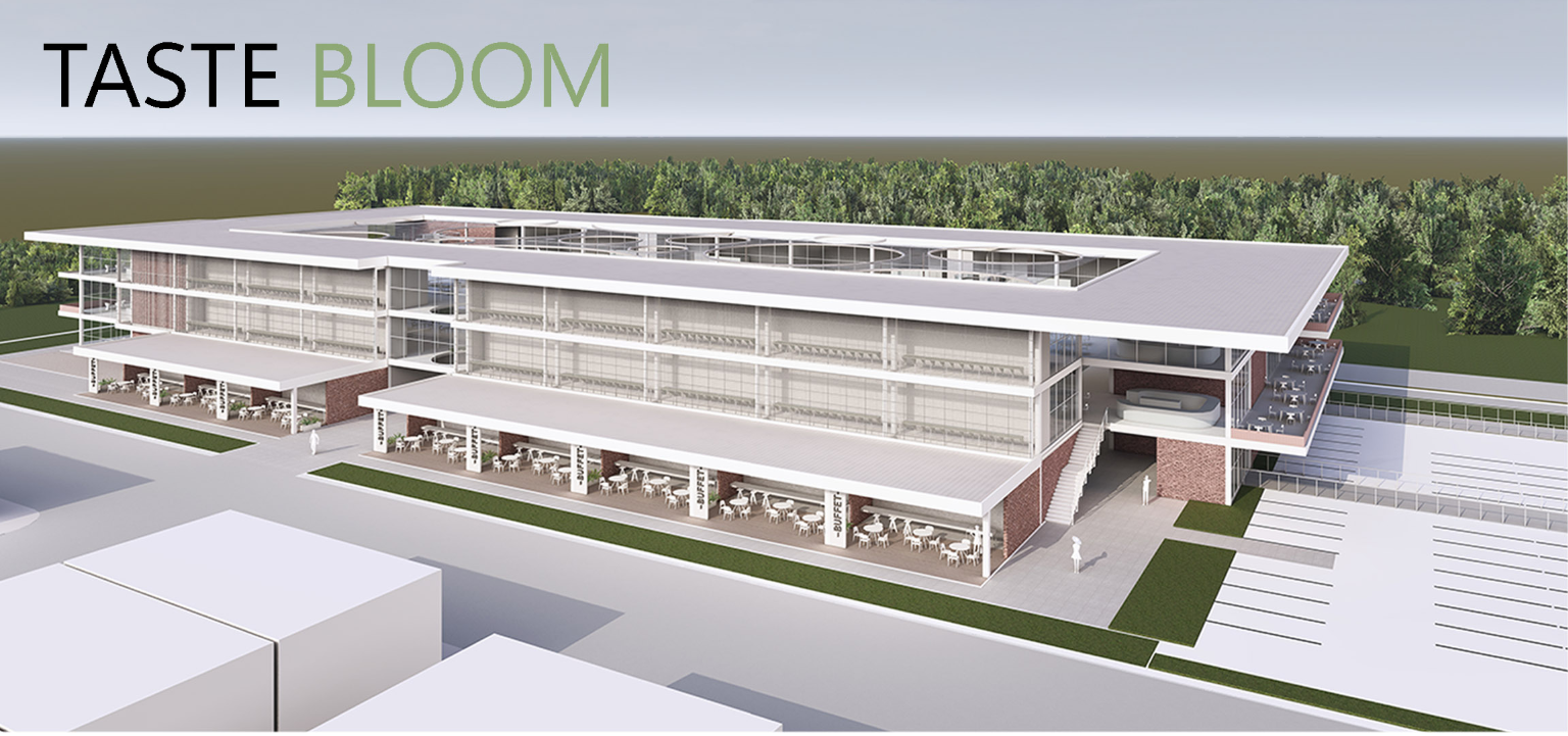 Aerial view of the Taste Bloom complex showcasing its modern, layered architectural form and rhythmic façade.