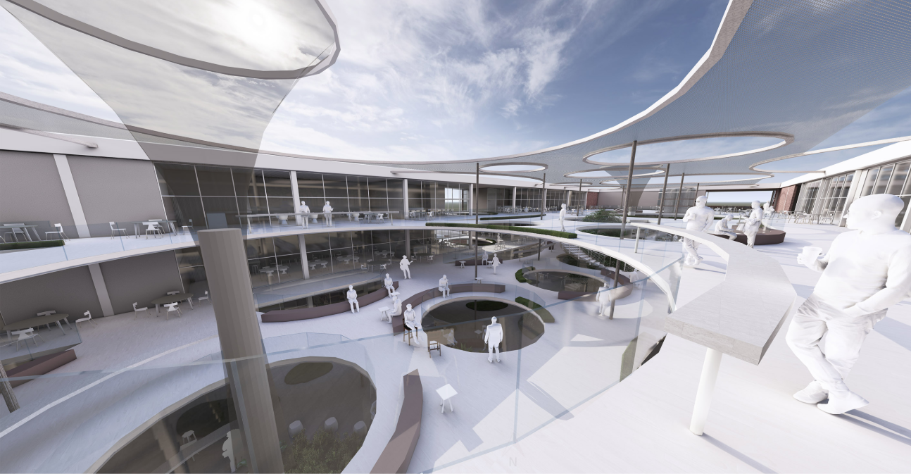 The open-air courtyard acts as the heart of the project, connecting multiple dining terraces through fluid spatial geometry.