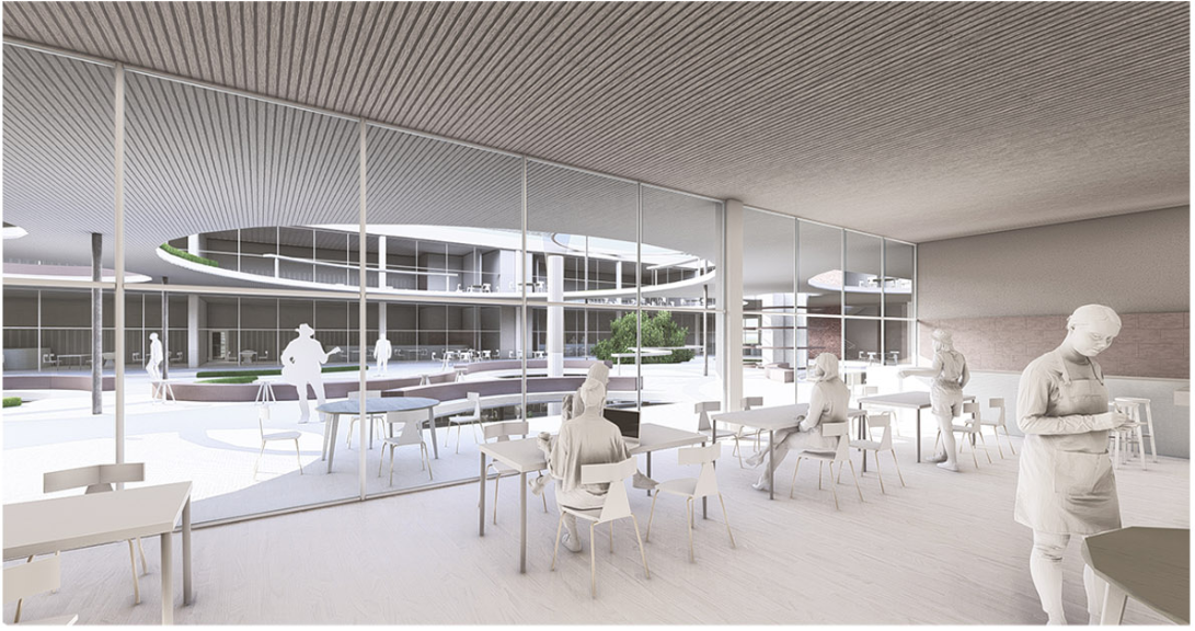 Ground-level dining areas designed for active engagement between chefs and guests, surrounded by greenery and open circulation.