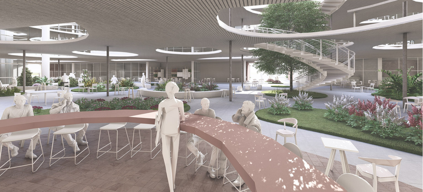 Central green core featuring aromatic plants and adaptive furniture arrangements that encourage community and relaxation.