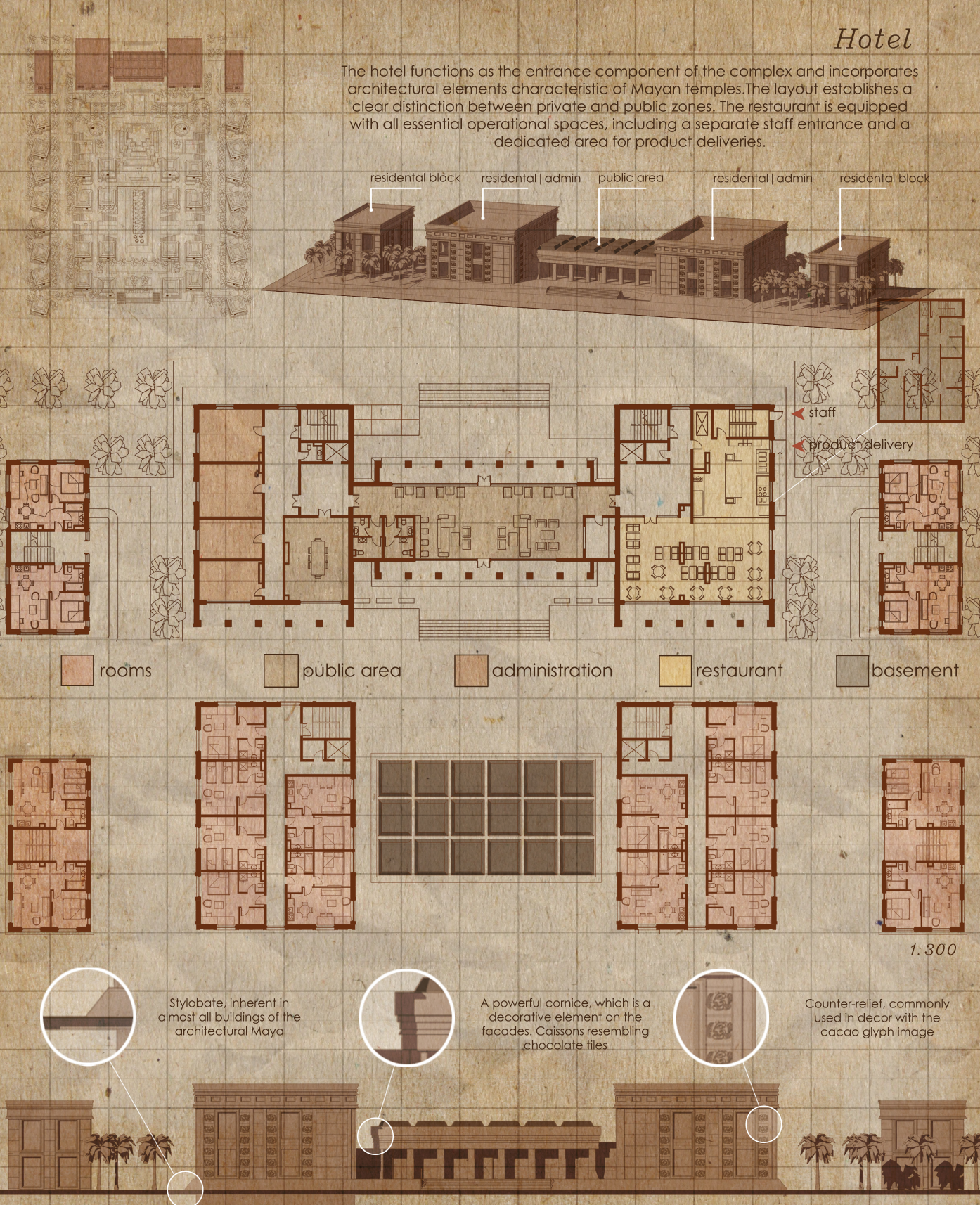 Functional layout integrating hospitality and cultural expression through Mayan-inspired architectural elements.