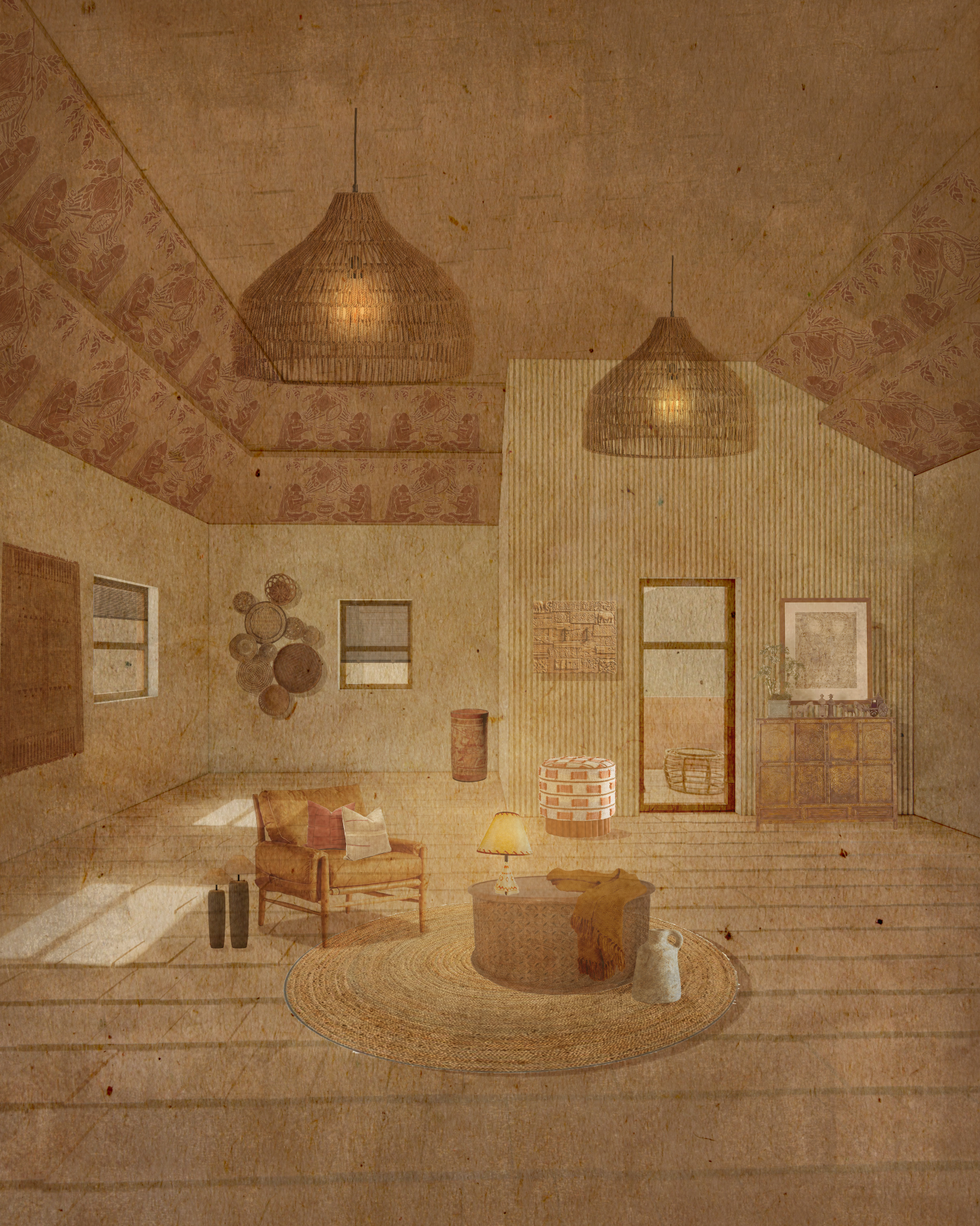 Warm-toned material palette and crafted details echoing vernacular comfort and ethnic aesthetics.
