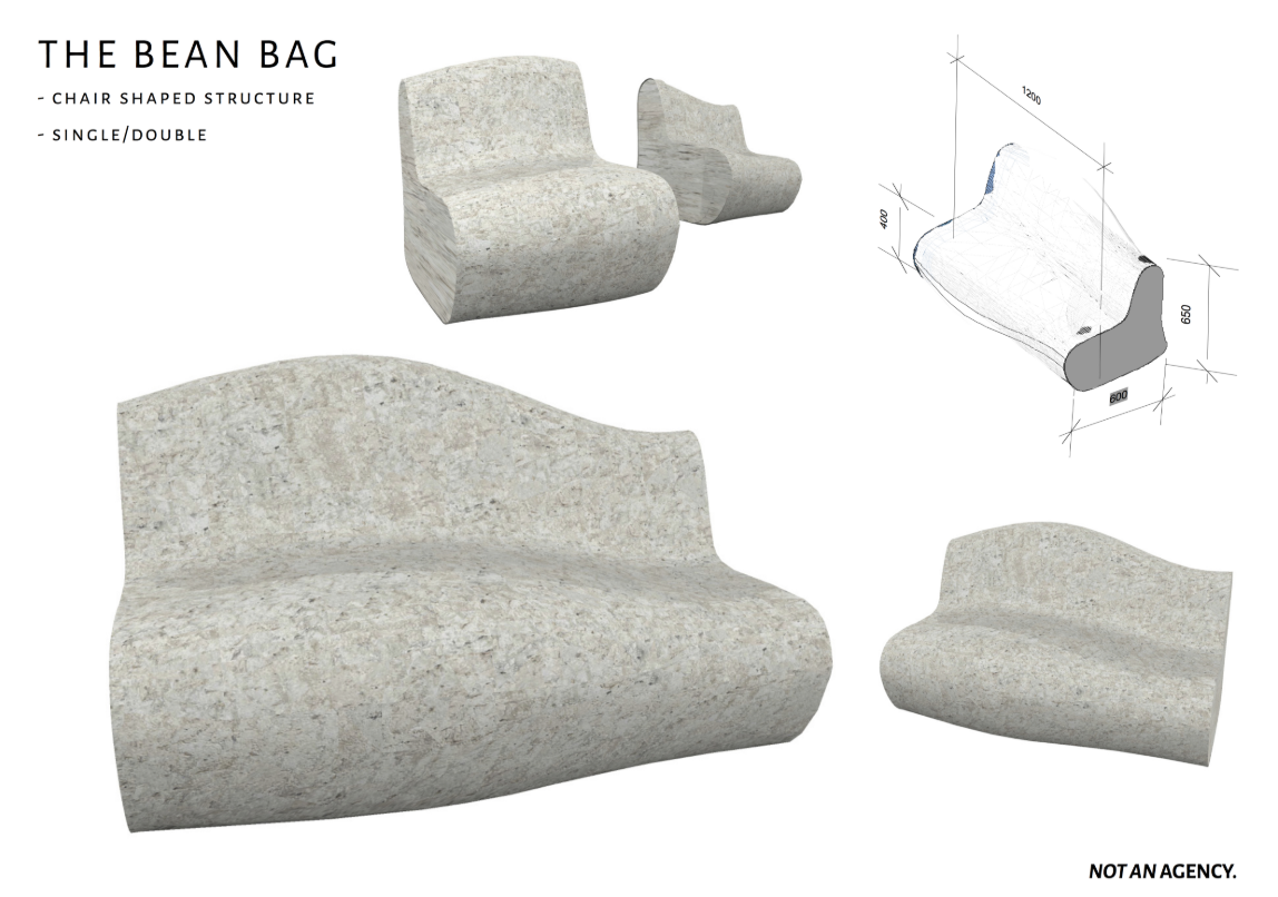 Ergonomic modular chair carved from recycled stone composite, designed for comfort and sustainability.