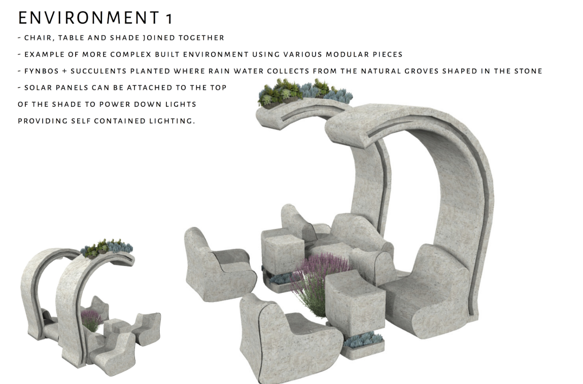 Expansive configuration showcasing multi-use modular systems for seating, shading, and urban greenery.