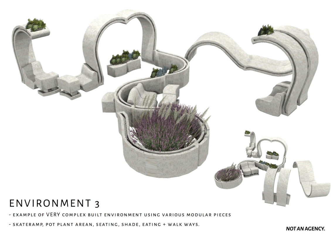 Expansive configuration showcasing multi-use modular systems for seating, shading, and urban greenery.