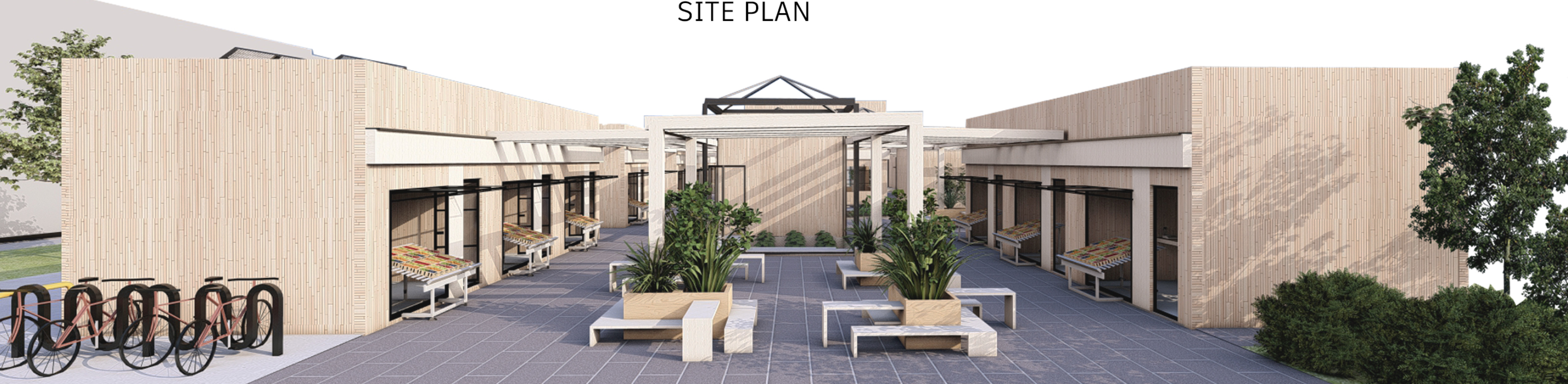 Rendered site plan showing the central courtyard with timber-clad pavilions and bike parking at the perimeter