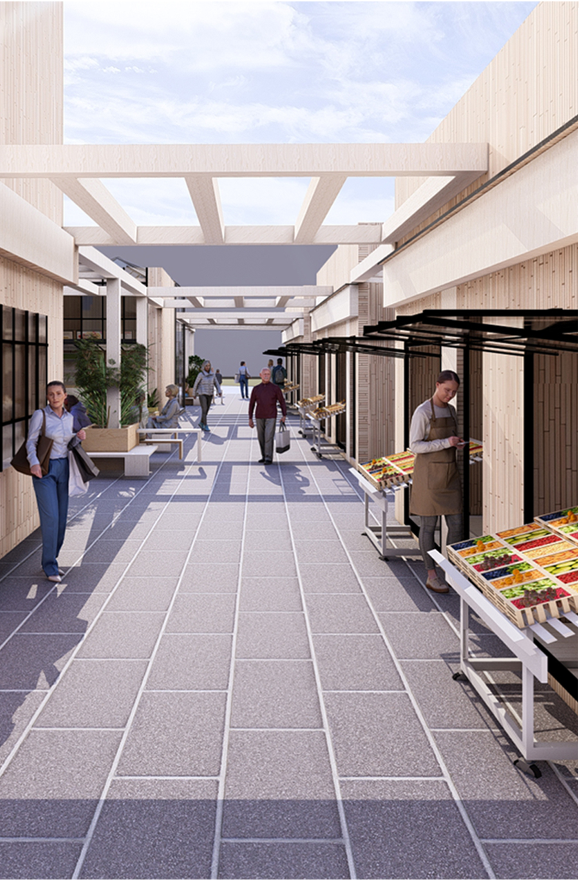 Linear market corridor with overhead beams, vendor stalls on the right, and pedestrians walking through