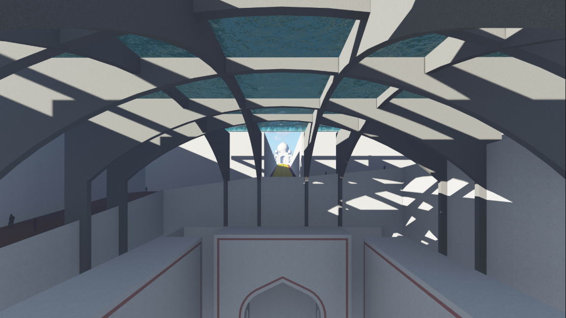 A play of light and shadow defines the spatial rhythm, framing the Taj Mahal through the central axis.