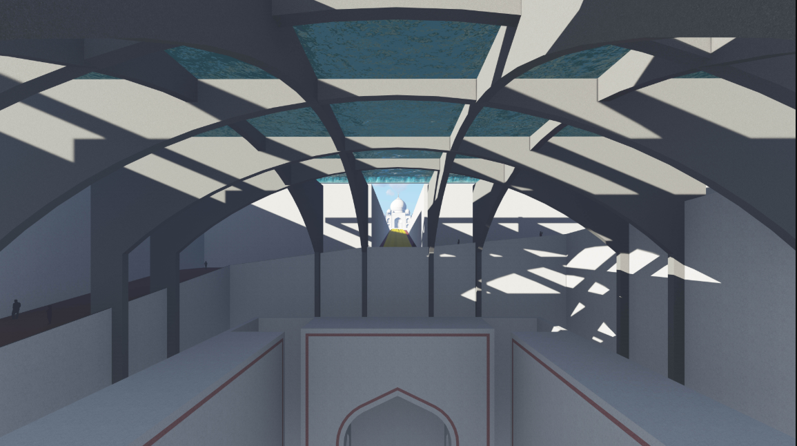 The repeating grid roof structure merges Mughal geometry with contemporary spatial abstraction.