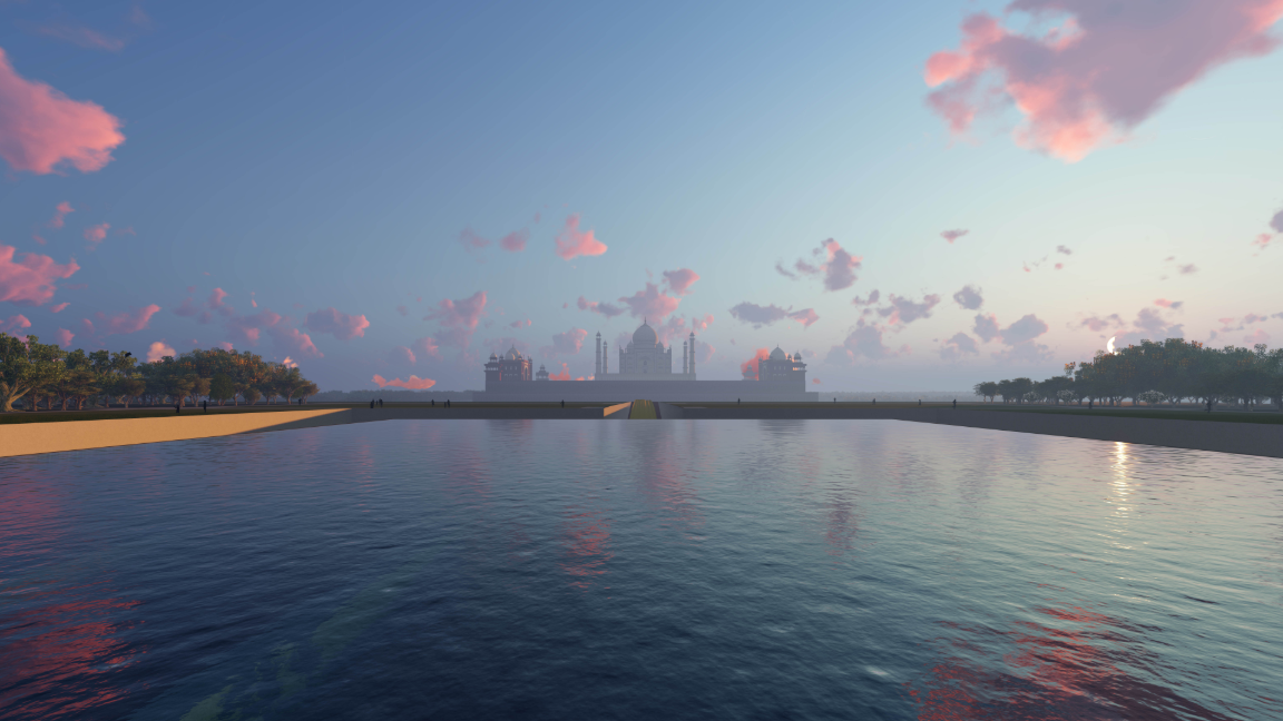 The approach unfolds across the Yamuna, aligning water, symmetry, and the monumental reflection of the Taj.