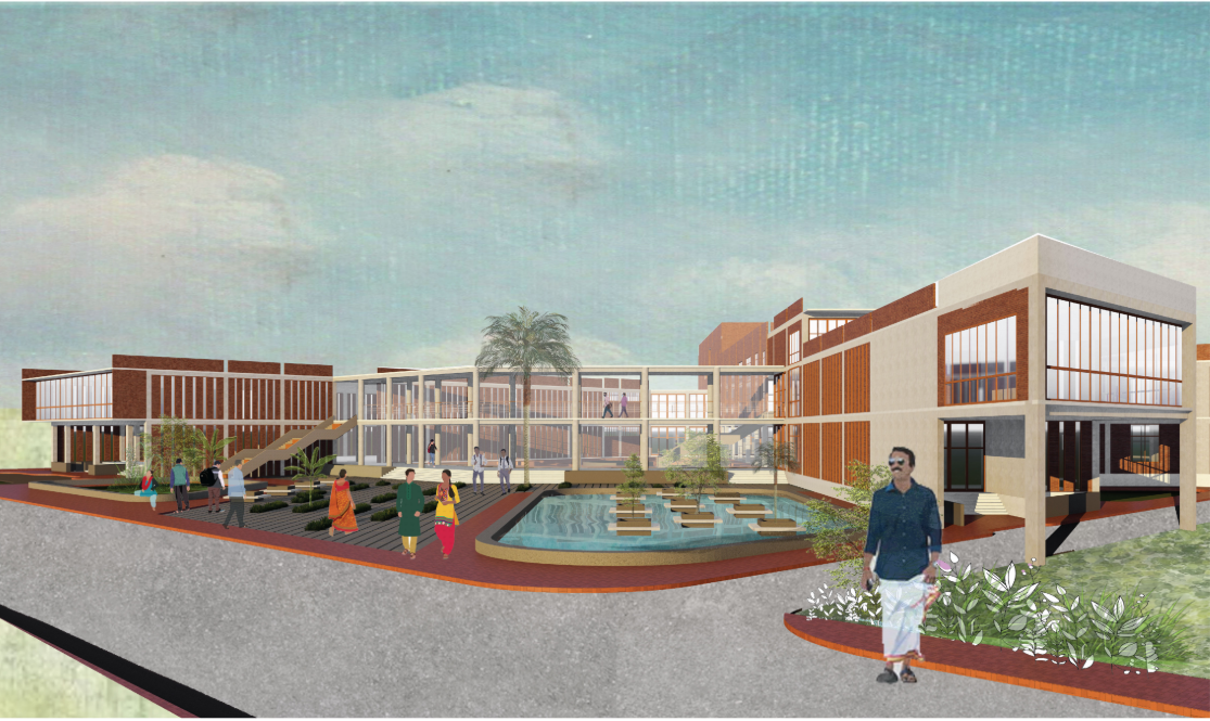 A welcoming plaza with water features and gathering spaces celebrating the openness of Bangladeshi cultural life.