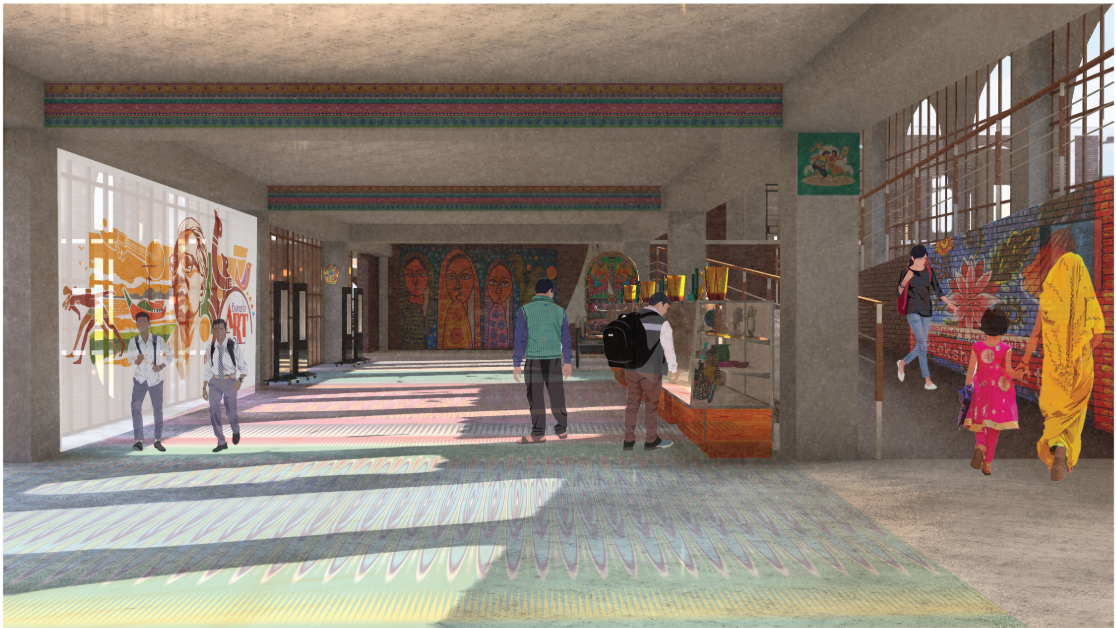 A vibrant interior featuring traditional art, folk murals, and handmade crafts reflecting regional creativity.