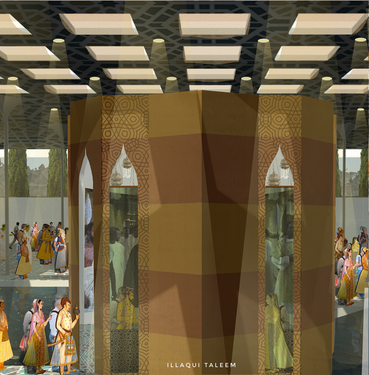 A contemplative learning chamber that merges traditional geometry with contemporary spatial abstraction, reflecting on the pursuit of collective knowledge.