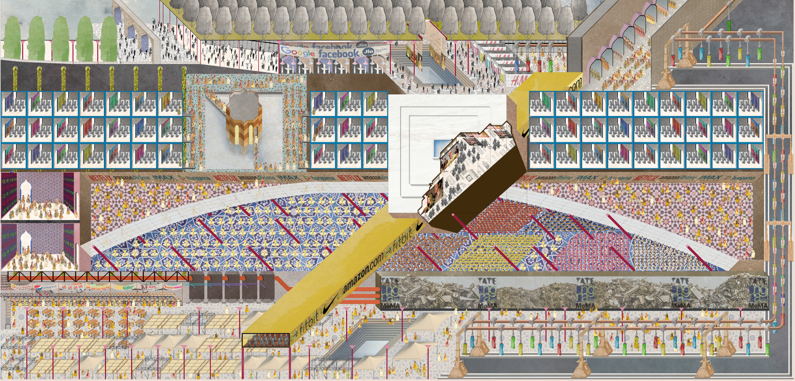 A layered sectional drawing illustrating the urban choreography of the Black Taj — where heritage, capitalism, and culture converge through design.