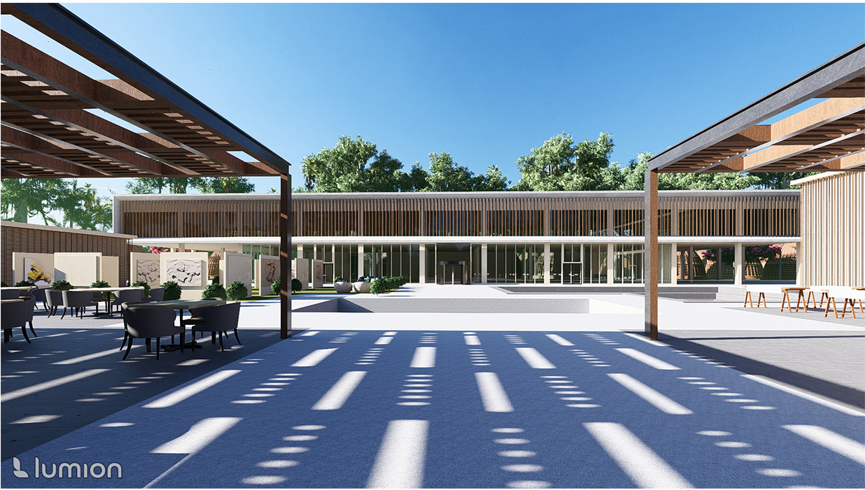 Shaded pathways and open-air seating spaces create a rhythmic play of light and shadow.