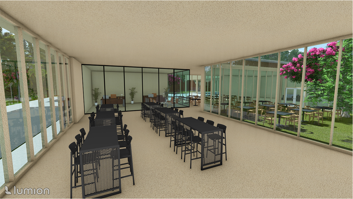 Bright, transparent interiors connecting dining areas with the outdoors for an immersive spatial experience.