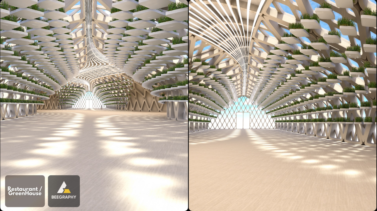 A grand vaulted interior showcasing the diamond-patterned shell that filters daylight and frames lush green modules.