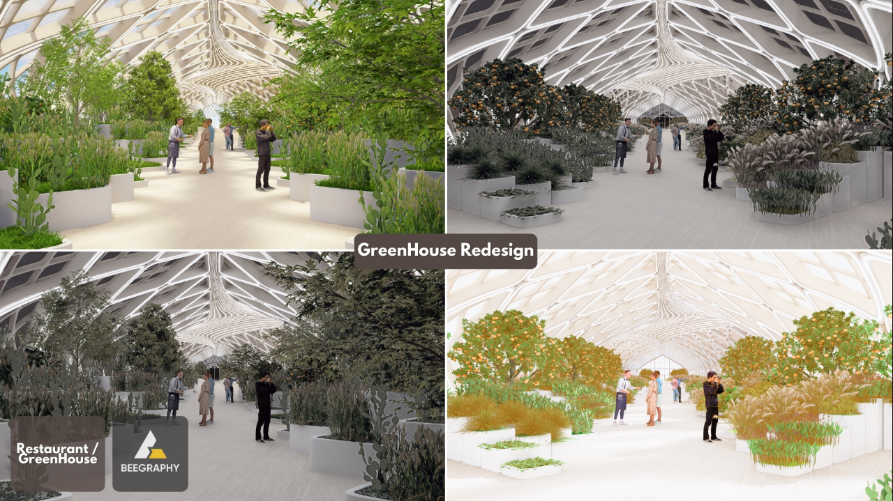 Redesign of the greenhouse interior highlighting the seamless coexistence of architecture, vegetation, and human activity.