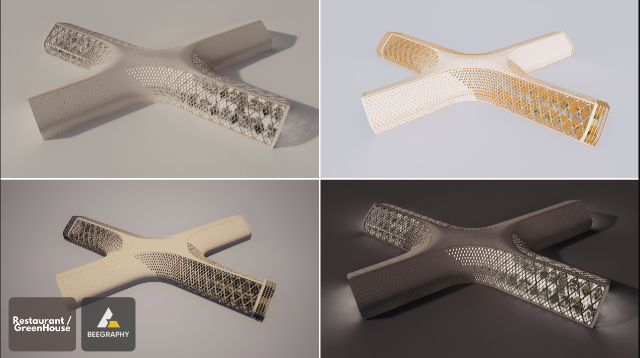 Top and side views of the structure exploring light behavior, material gradients, and the transformation of opacity.