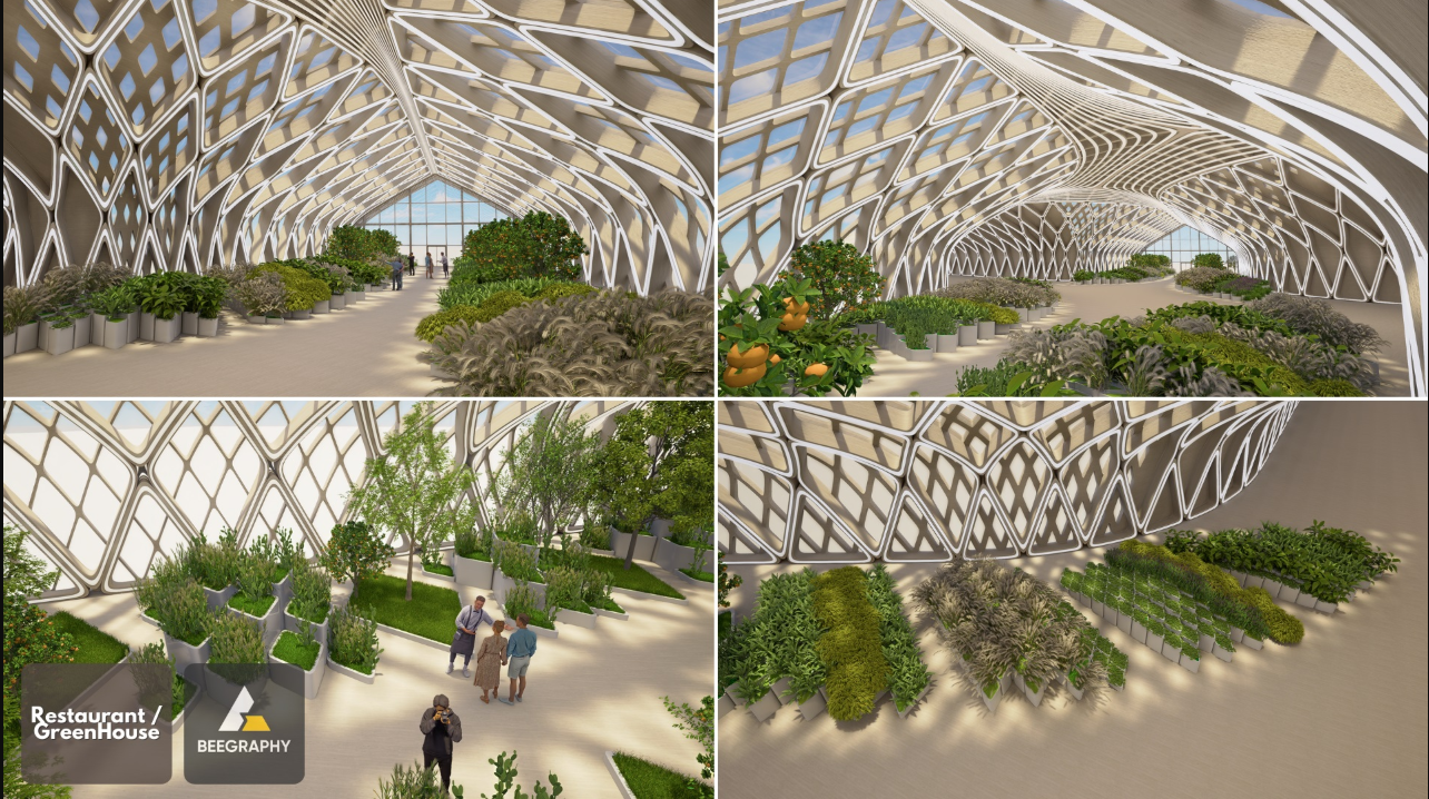 A spatial experience where nature meets geometry; the greenhouse becomes a breathing, evolving biophilic environment.