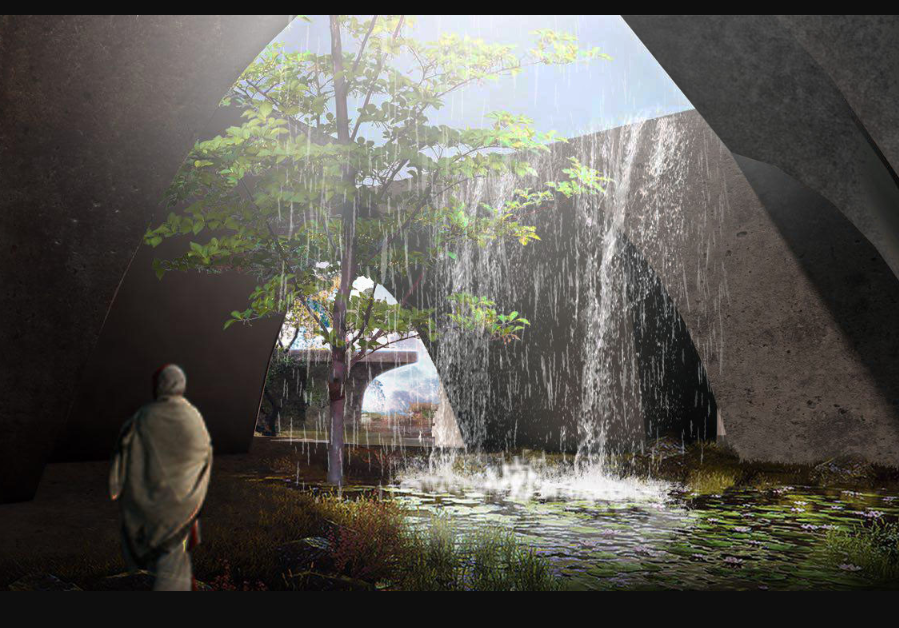 An intimate courtyard where filtered light and cascading water embody renewal, reflecting the project’s ethos of regenerative architecture.