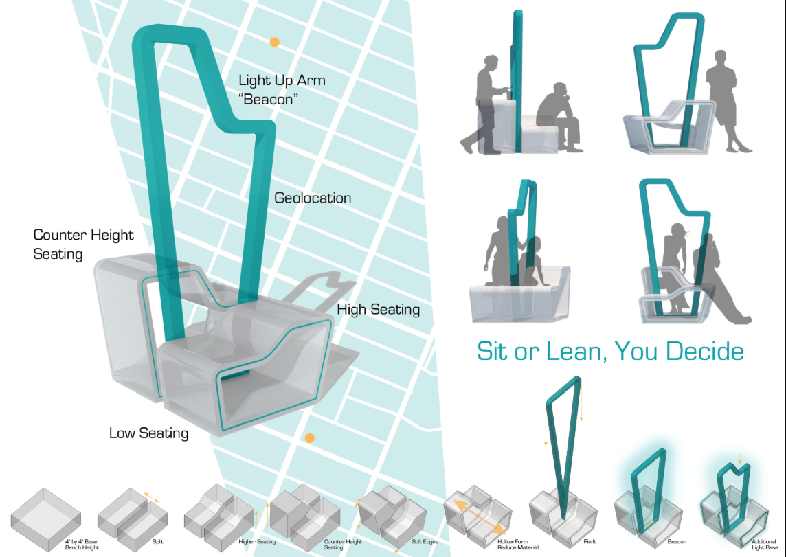 Concept diagram of The Pin — an interstitial urban element offering multiple seating heights and a glowing beacon for flexible public interaction.