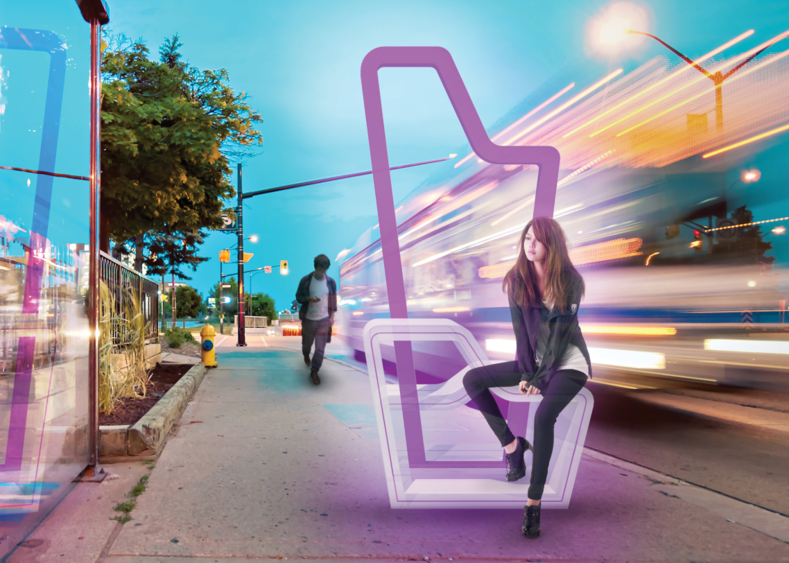 Visual of The Pin in use within a dynamic streetscape, creating a resting pause in the flux of urban movement — a core idea in Interstitial Architecture.