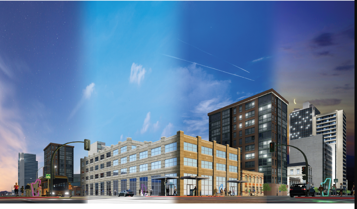 Render showing The Pin evolving through day and night cycles, embodying time-responsive interstitial design within changing cityscapes.