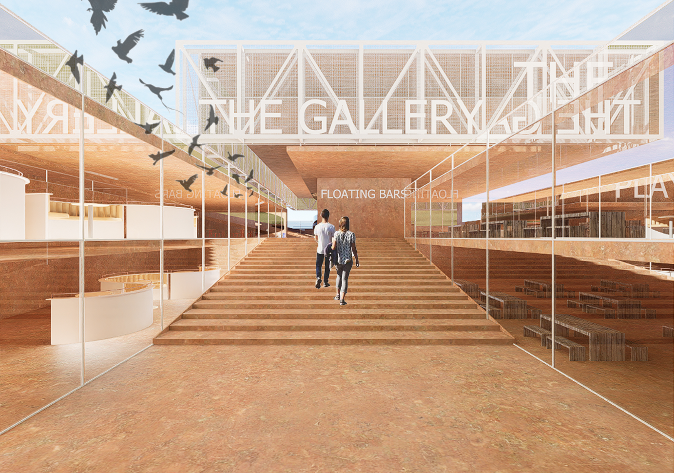 Wide interior ramp with white tubular railings and two figures walking toward the timber ceiling