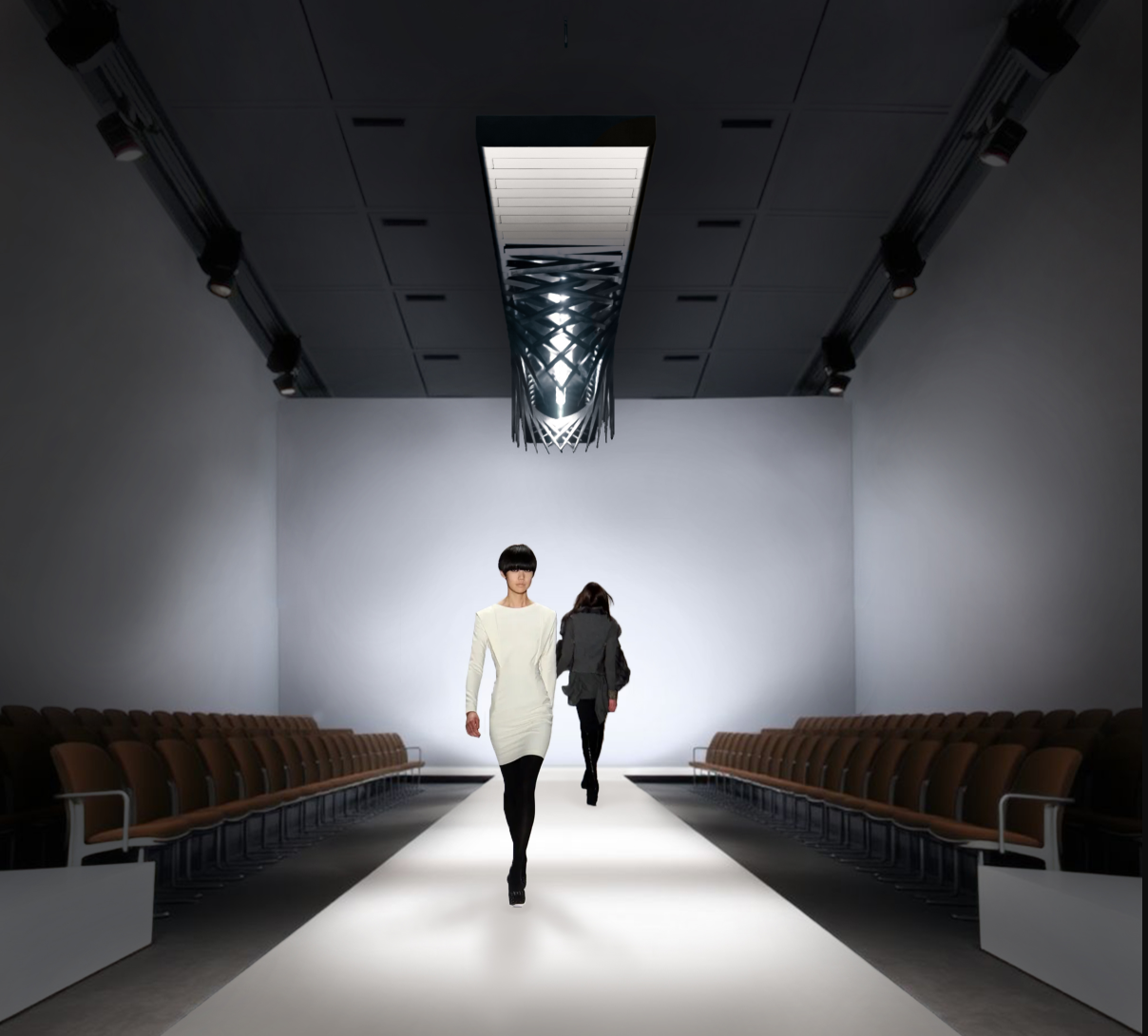 LuxOre illuminating a fashion runway — where geometry and movement amplify visual rhythm and elegance.