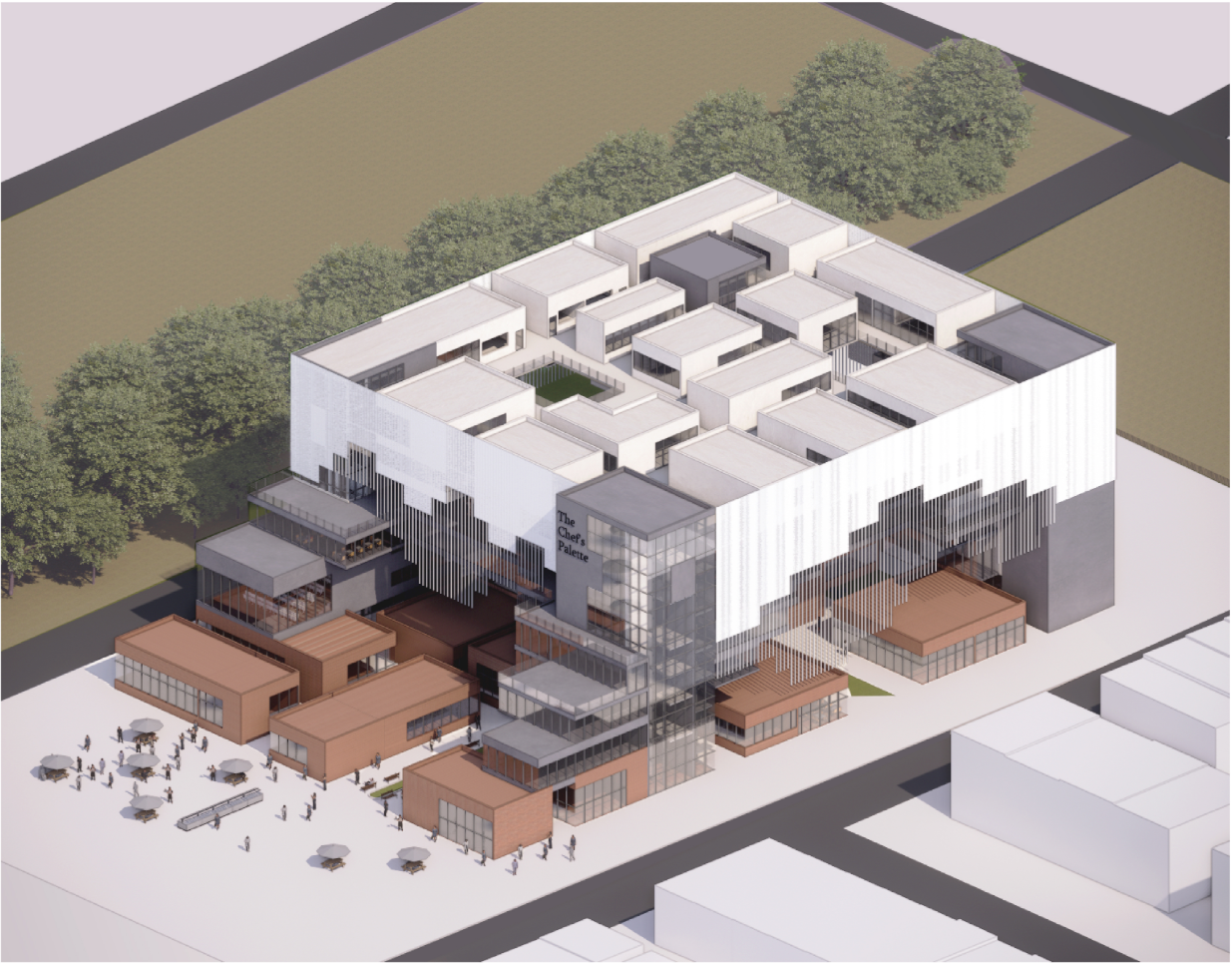 Axonometric drawing showing a multi-level complex with white rooftop terraces and warm-toned lower volumes with pedestrians
