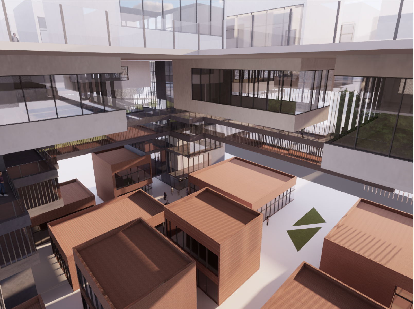 Interior courtyard rendering with timber-clad pavilions and vertical slatted screens around planted green spaces