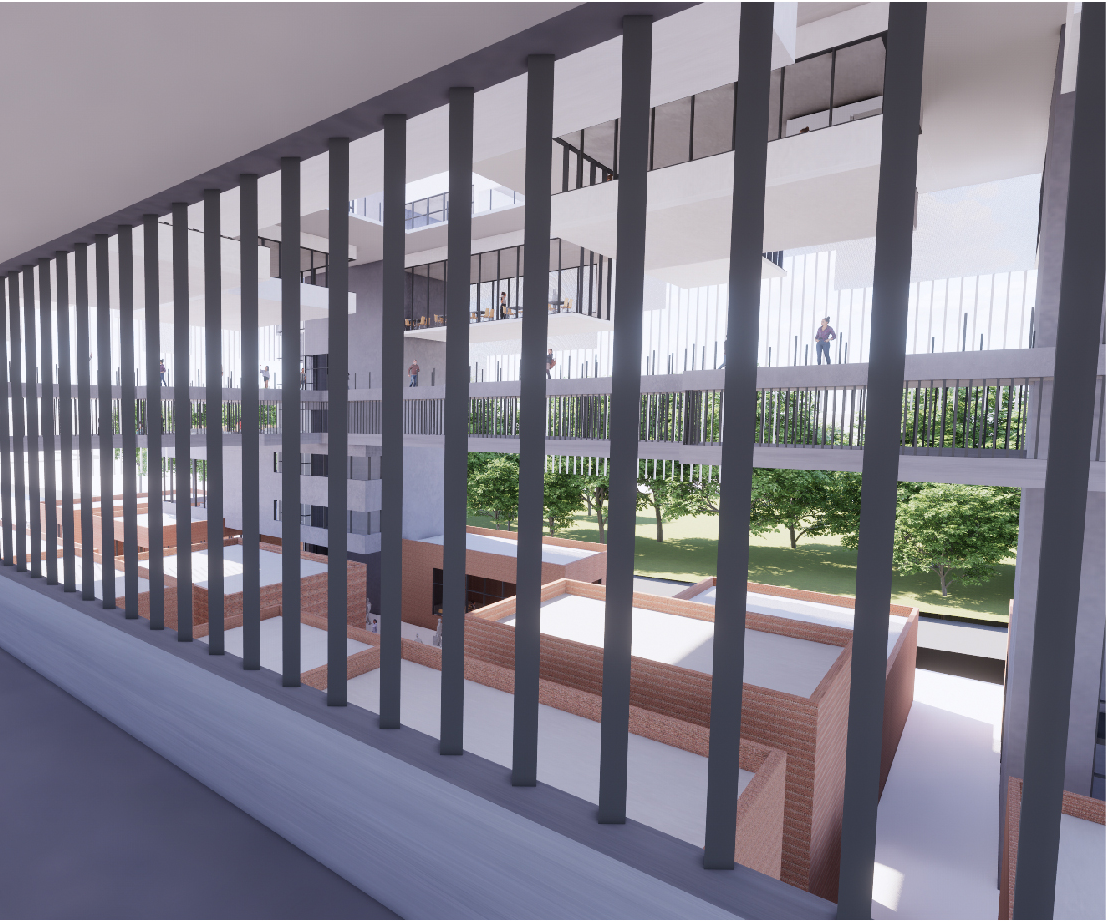 Vertical metal railings framing a view across a courtyard with planted beds and brick paving