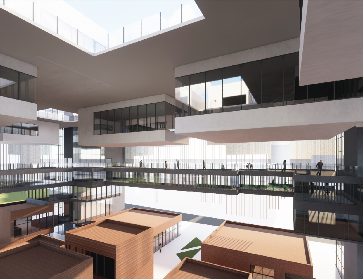 Central atrium with stacked balconies and vertical louvers overlooking timber pavilions below